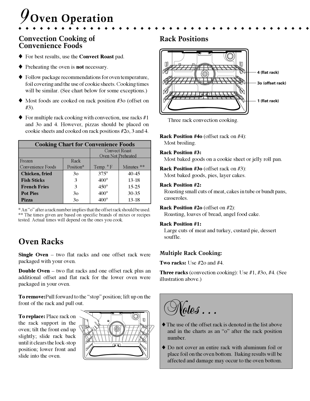 Jenn-Air JJW9530 Oven Racks, Convection Cooking Convenience Foods, Rack Positions, Cooking Chart for Convenience Foods 