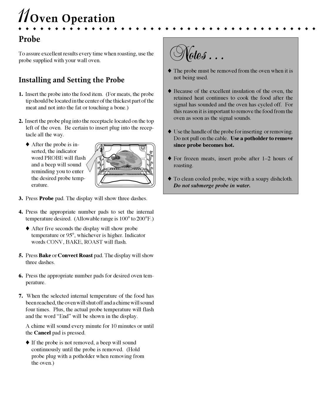 Jenn-Air JJW9527, JMW9530, JMW9527 11Oven Operation, Installing and Setting the Probe, Do not submerge probe in water 