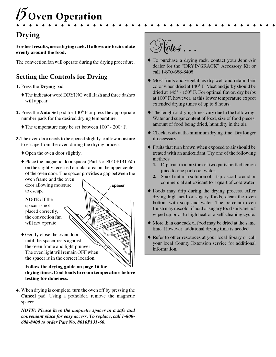 Jenn-Air JJW9530, JJW9527 15Oven Operation, Setting the Controls for Drying, Temperature may be set between 100 200 F 