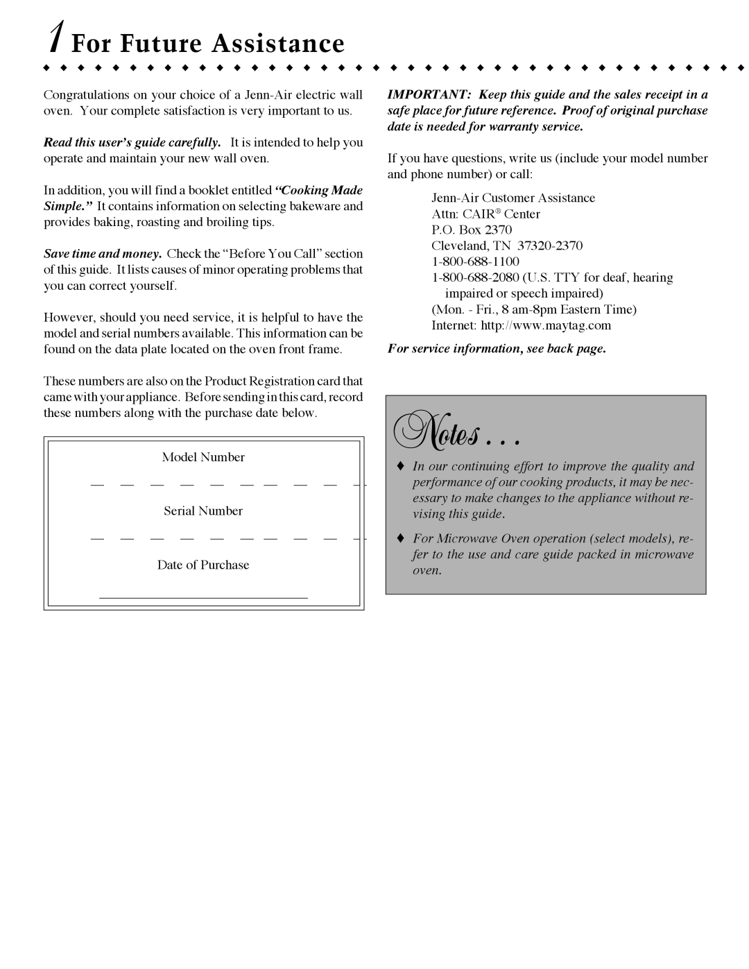 Jenn-Air JMW9527, JJW9527, JMW9530, JJW9630, JJW9530, JJW9627 warranty For Future Assistance, For service information, see back 