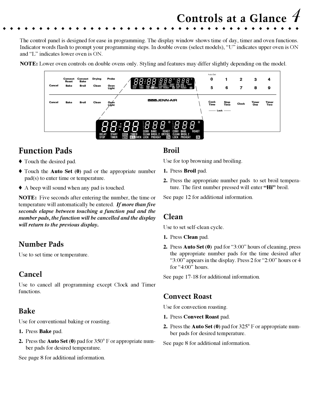 Jenn-Air JJW9627, JJW9527, JMW9530, JMW9527, JJW9630, JJW9530 warranty Controls at a Glance, Function Pads 