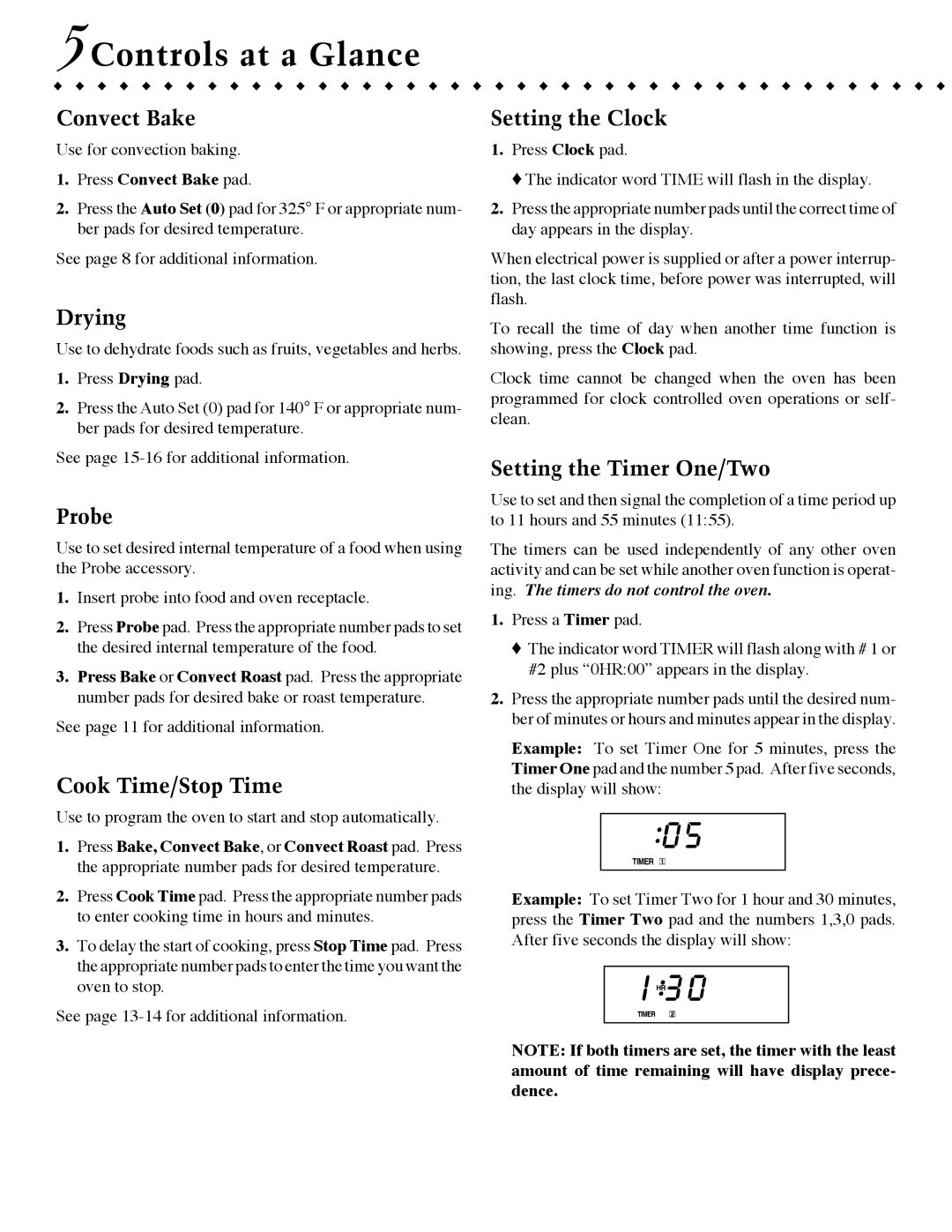 Jenn-Air JJW9527, JMW9530 Convect Bake, Drying, Probe, Cook Time/Stop Time, Setting the Clock, Setting the Timer One/Two 