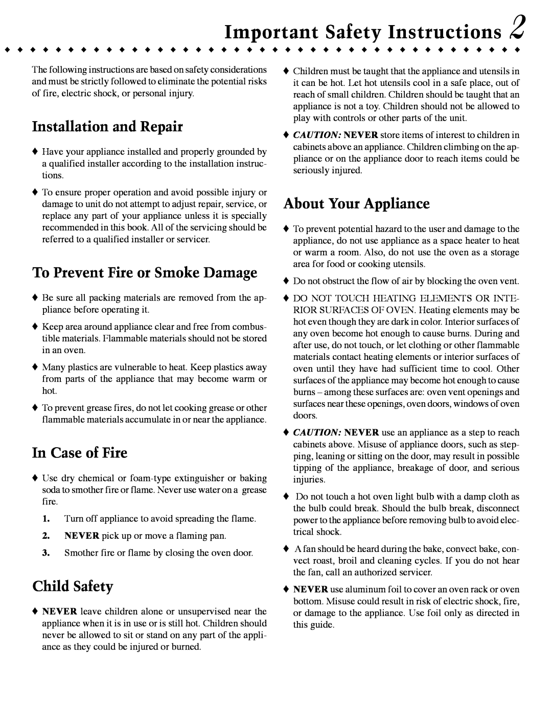 Jenn-Air JJW9630 Important Safety Instructions, Installation and Repair, To Prevent Fire or Smoke Damage, In Case of Fire 