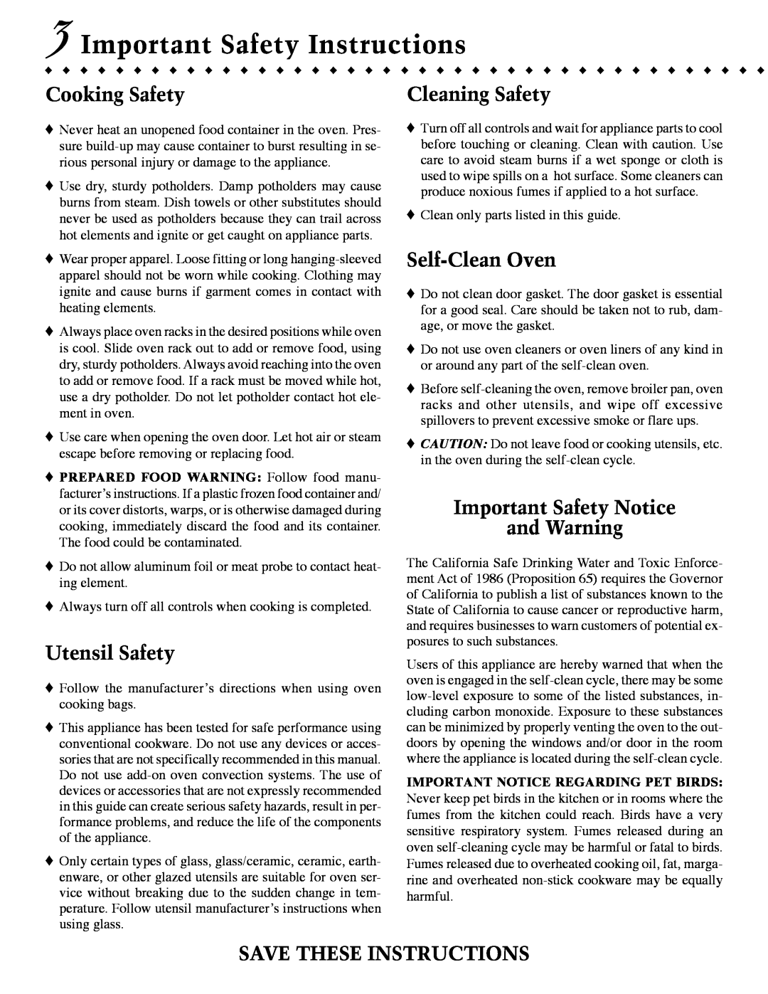 Jenn-Air JJW9530, JJW9527 3Important Safety Instructions, Cooking Safety, Utensil Safety, Cleaning Safety, Self-CleanOven 