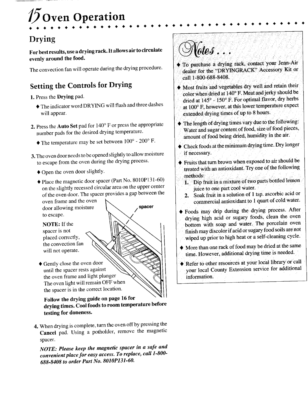 Jenn-Air JJW9527AAB, 81t2P180_60 warranty Setting the Controls for Drying, Oven Operation 