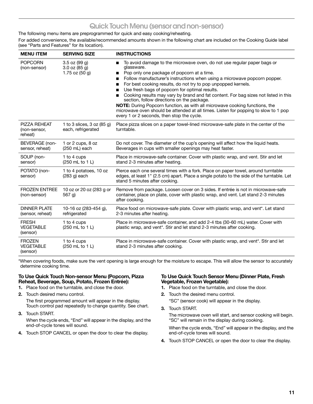 Jenn-Air JMC1116 manual Quick Touch Menu sensor and non-sensor, Menu Item Serving Size Instructions 