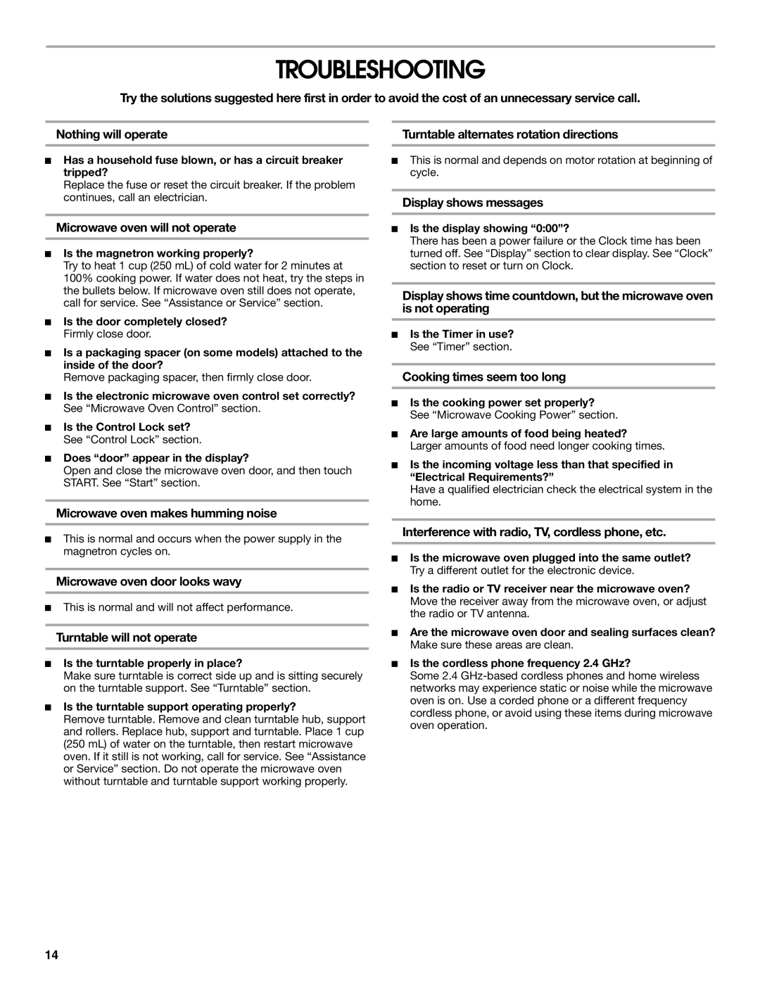 Jenn-Air JMC1116 manual Troubleshooting 