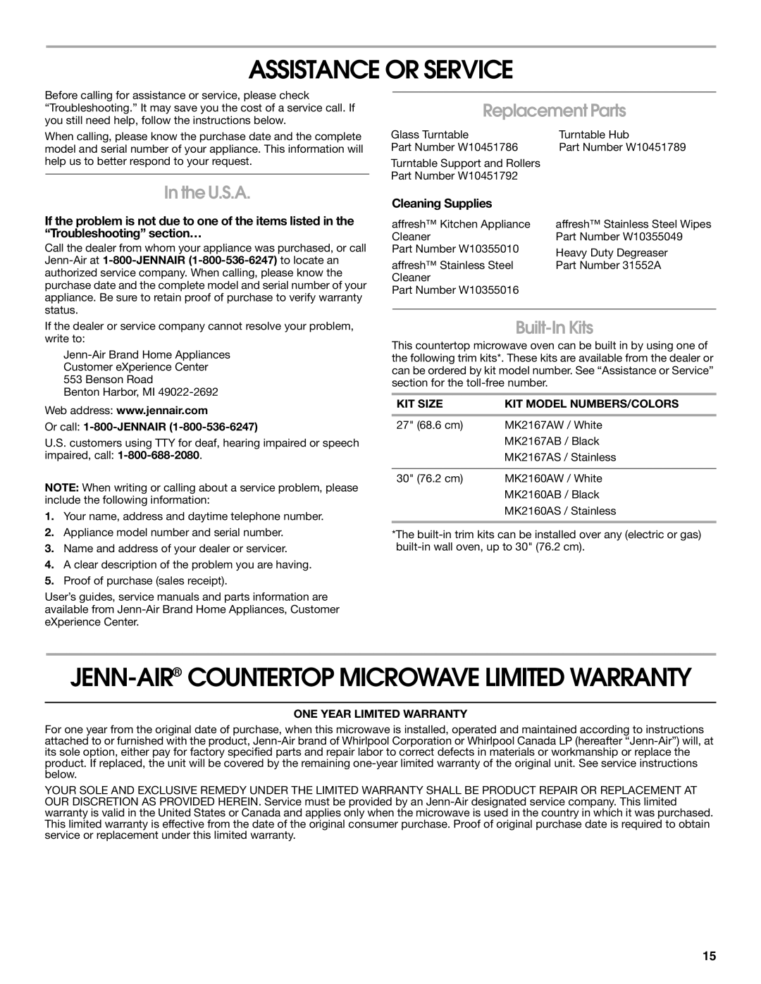 Jenn-Air JMC1116 manual Assistance or Service, U.S.A, Replacement Parts, Built-In Kits, Cleaning Supplies 