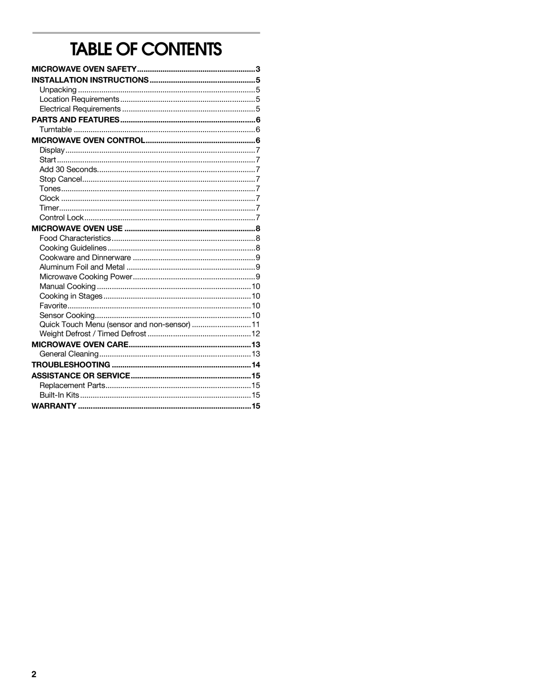 Jenn-Air JMC1116 manual Table of Contents 