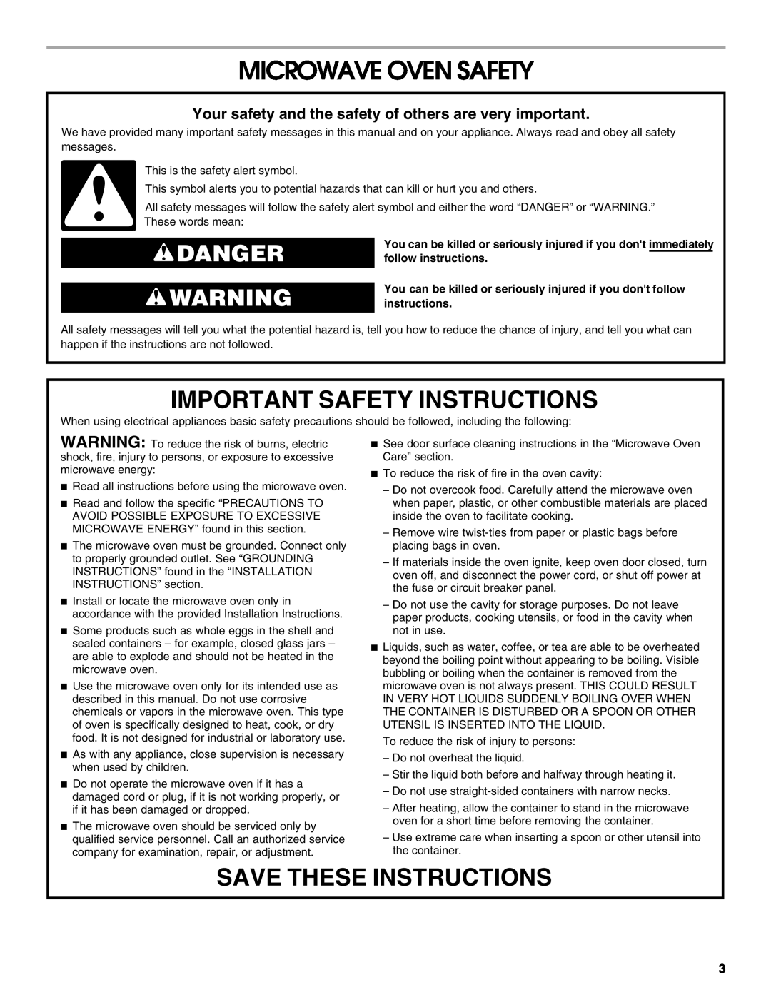 Jenn-Air JMC1116 manual Microwave Oven Safety, Important Safety Instructions, Save These Instructions, Danger 