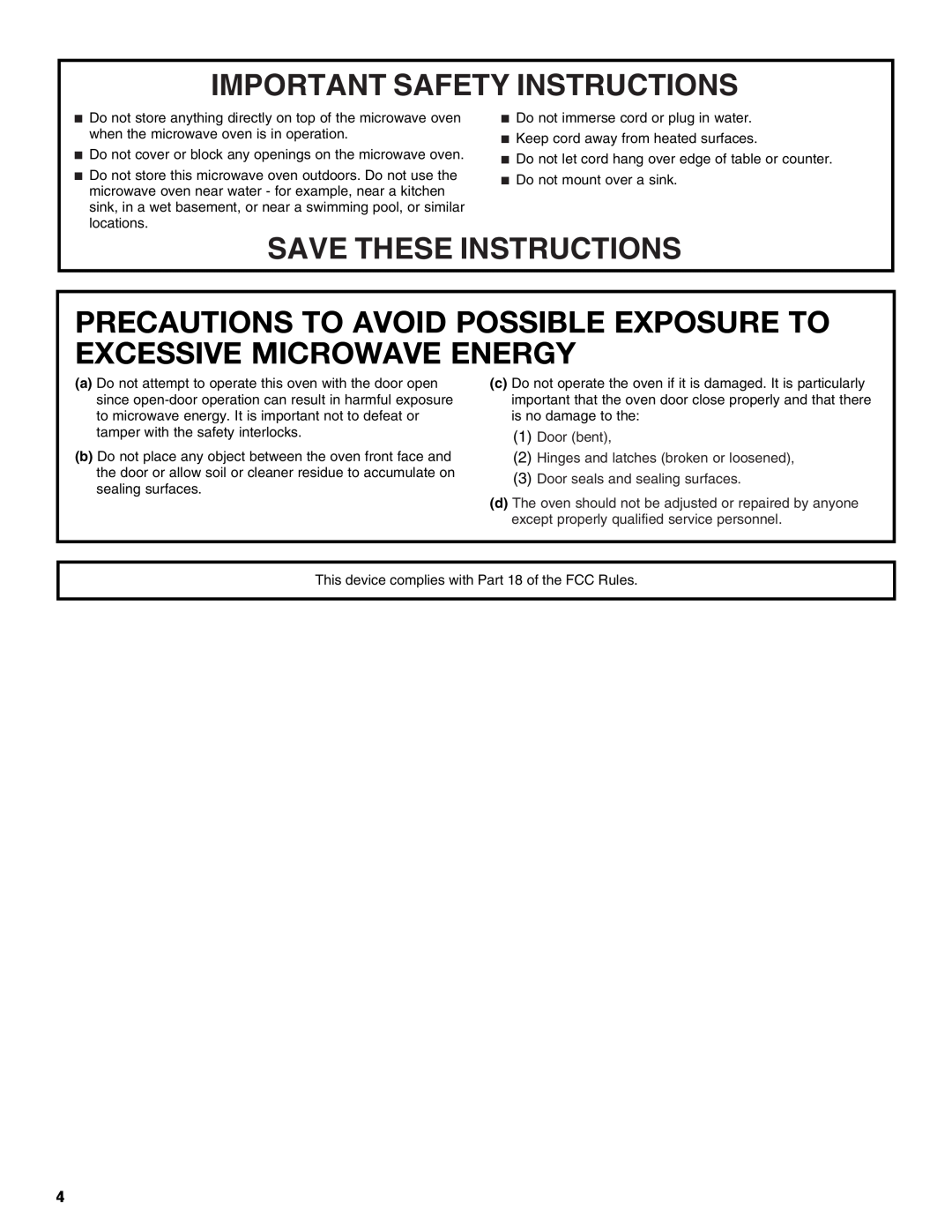 Jenn-Air JMC1116 manual Precautions To Avoid Possible Exposure To Excessive Microwave Energy, Important Safety Instructions 
