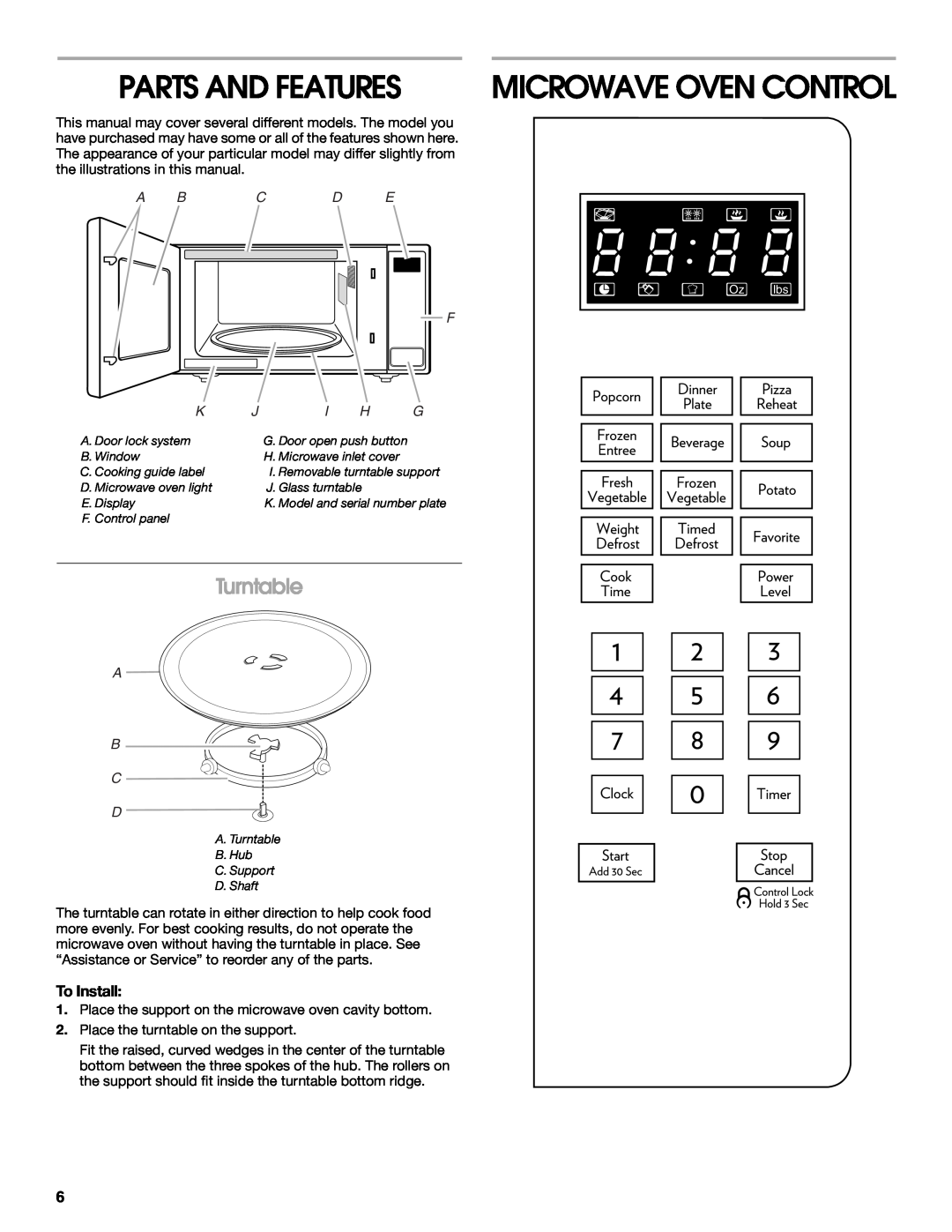 Jenn-Air JMC1116 manual Parts And Features, Turntable, Microwave Oven Control, A B C D E F 