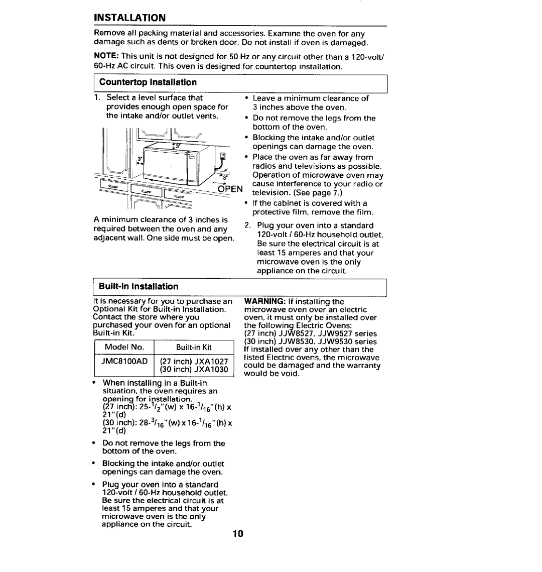 Jenn-Air JMC8100ADB manual Countertop Installation, Built-In Installation 