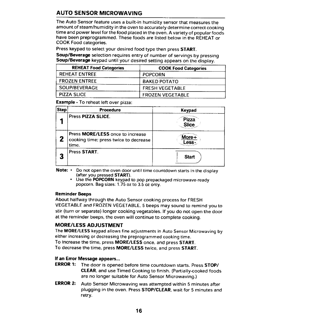 Jenn-Air JMC8100ADB manual Auto Sensor Microwaving, PressPIZZASLICE, MORE/LESS Adjustment 