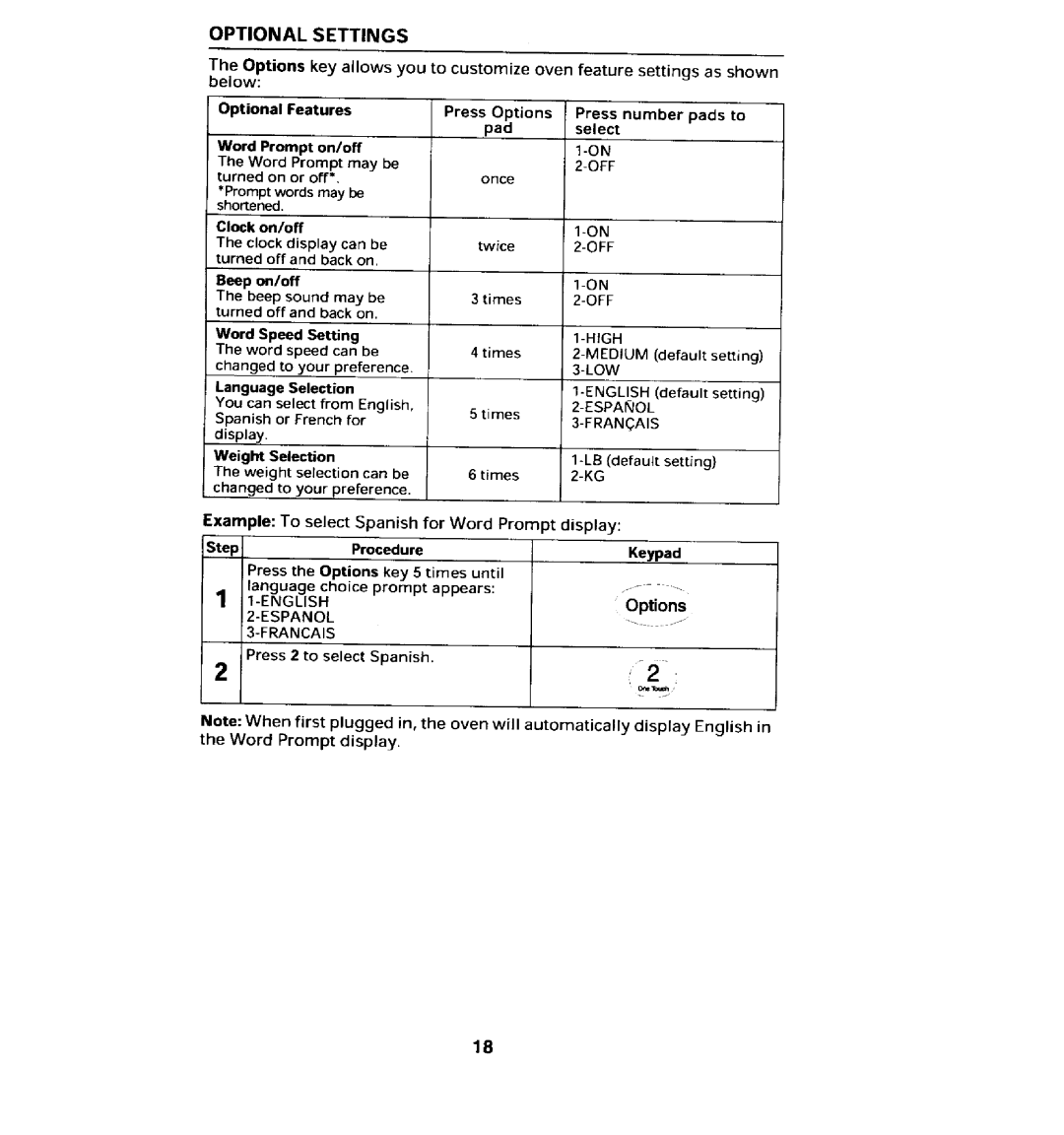 Jenn-Air JMC8100ADB manual Optional Settings, Step Procedure, An gu a ge ch oi ce pro mpt a ppe ar s, EN Glish 