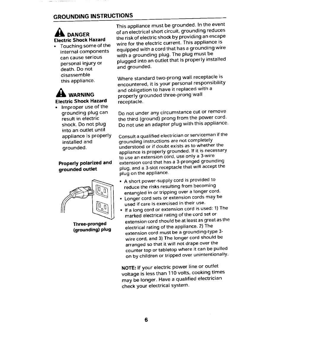 Jenn-Air JMC8100ADB manual Grounding Instructions, Electric Shock Hazard, Three-pronged grounding plug 