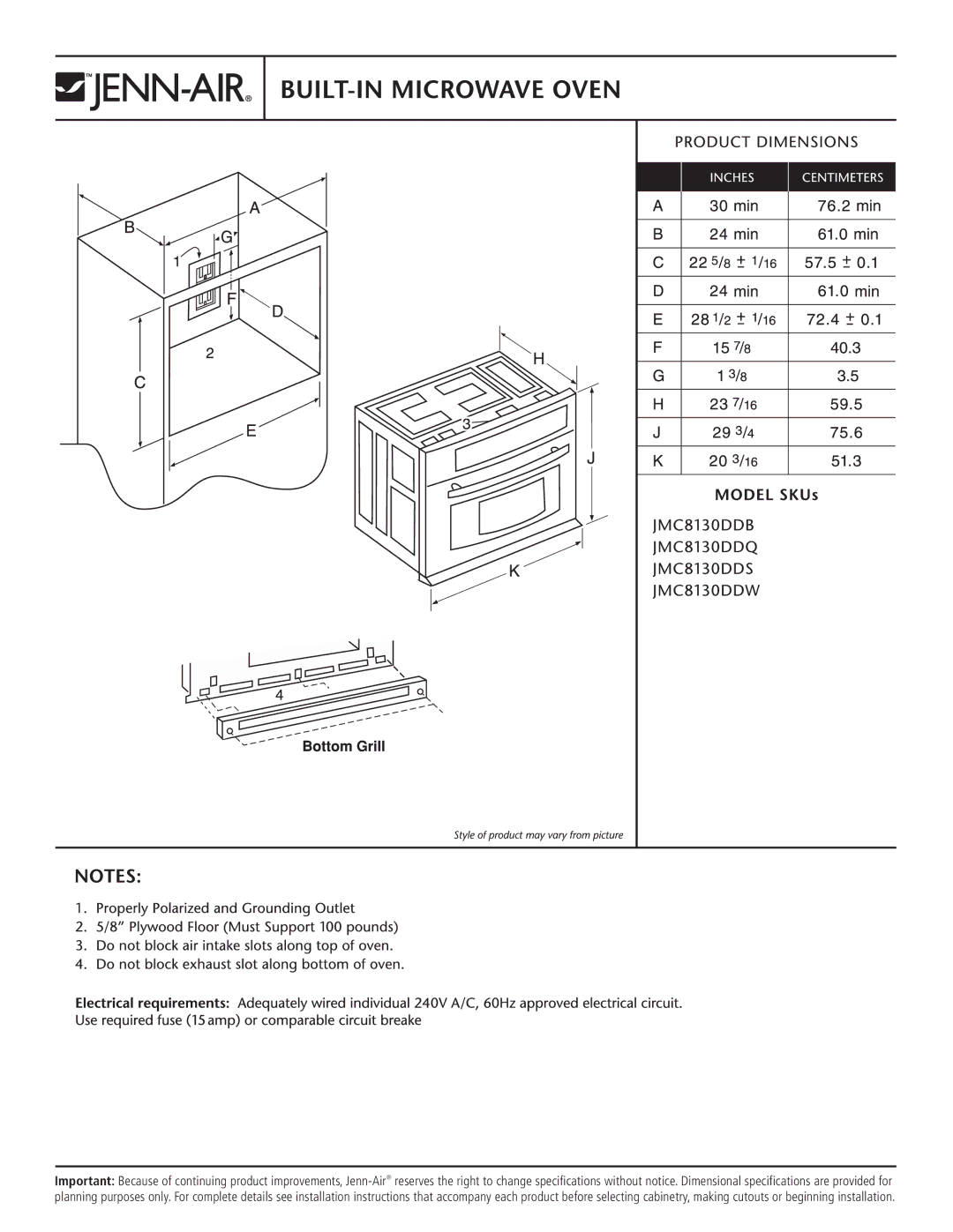 Jenn-Air JMC8130DDQ, JMC8130DDW, JMC8130DDS, JMC8130DDB specifications 