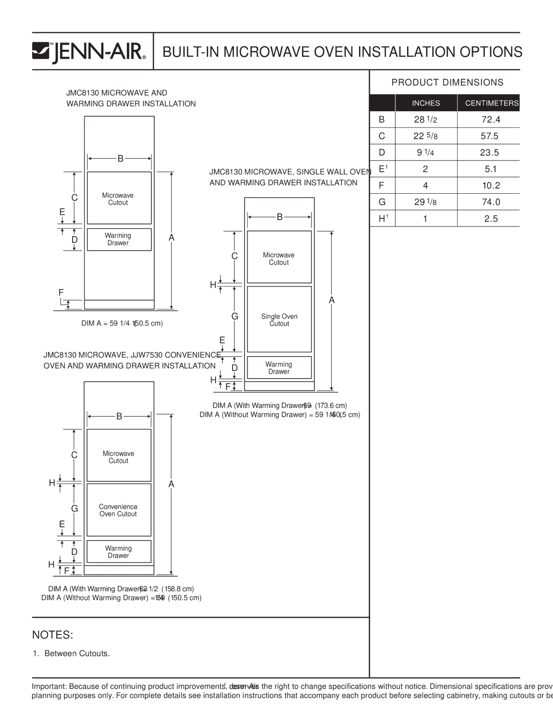 Jenn-Air JMC8130DDS BUILT-IN Microwave Oven Installation Options, Product Dimensions, 28 1/2 72.4 22 5/8 57.5 23.5 10.2 