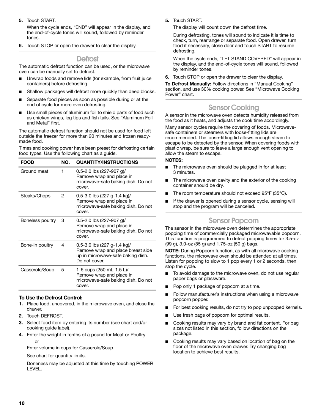 Jenn-Air JMD2124 manual Sensor Cooking, Sensor Popcorn, To Use the Defrost Control 