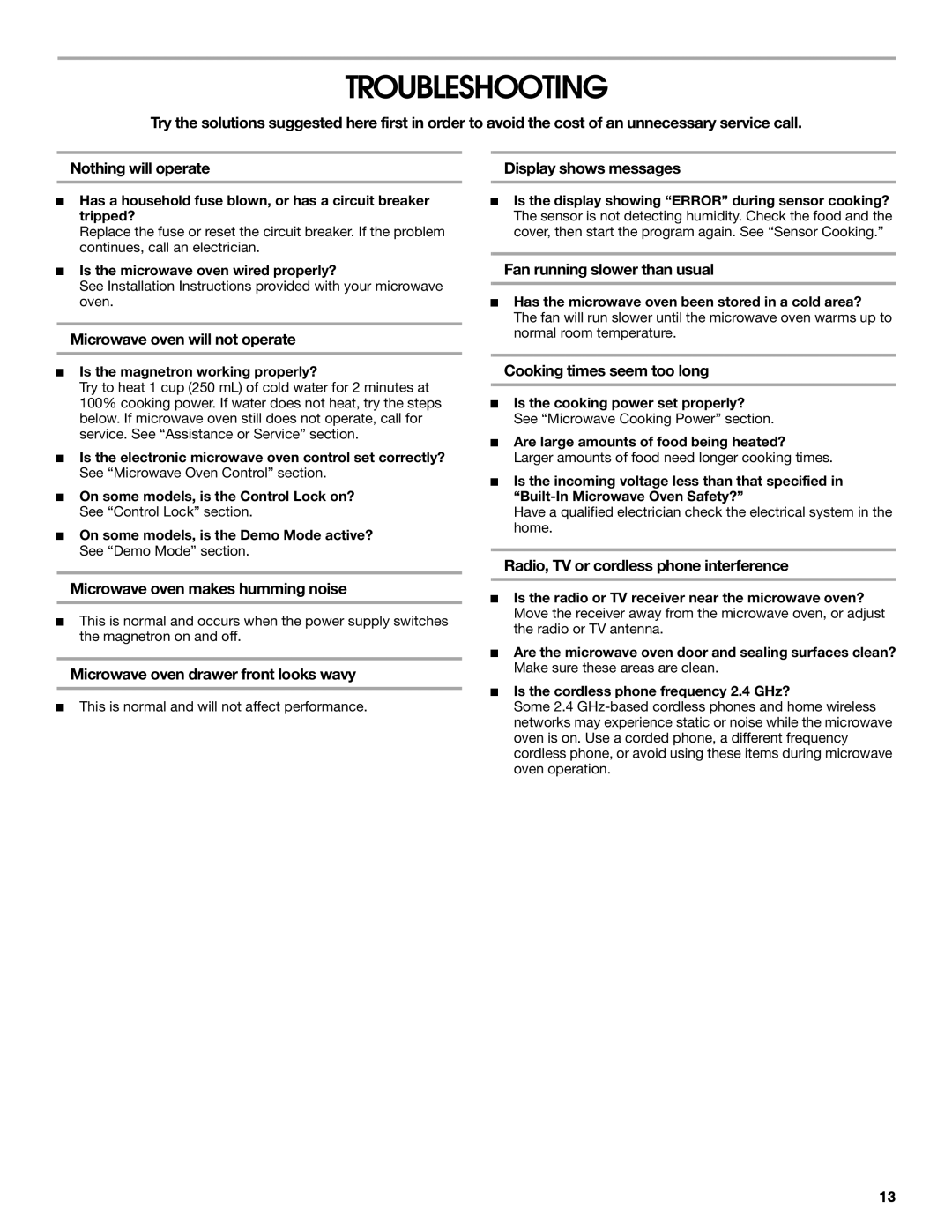 Jenn-Air JMD2124 manual Troubleshooting 