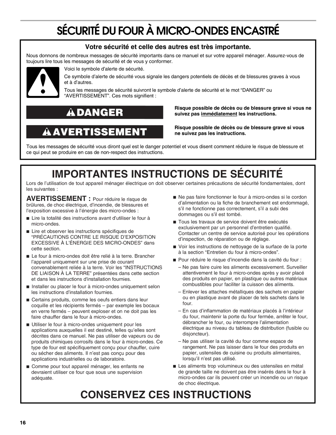 Jenn-Air JMD2124 manual Sécurité DU Four À MICRO-ONDES Encastré, Votre sécurité et celle des autres est très importante 