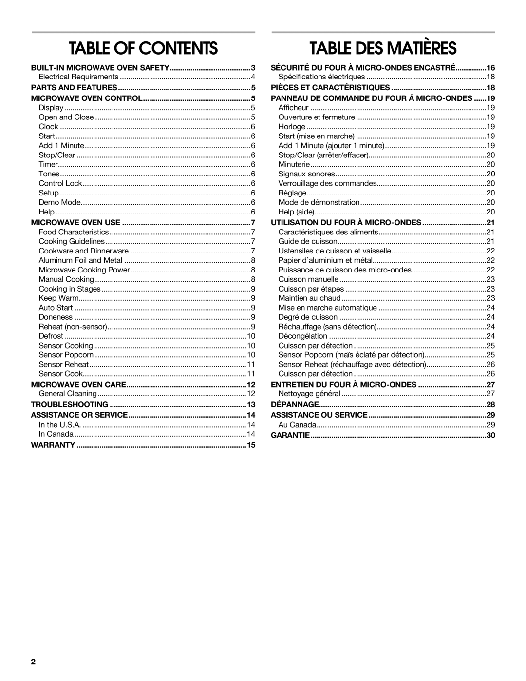 Jenn-Air JMD2124 manual Table DES Matières, Microwave Oven USE Utilisation DU Four À MICRO-ONDES, Garantie Warranty 