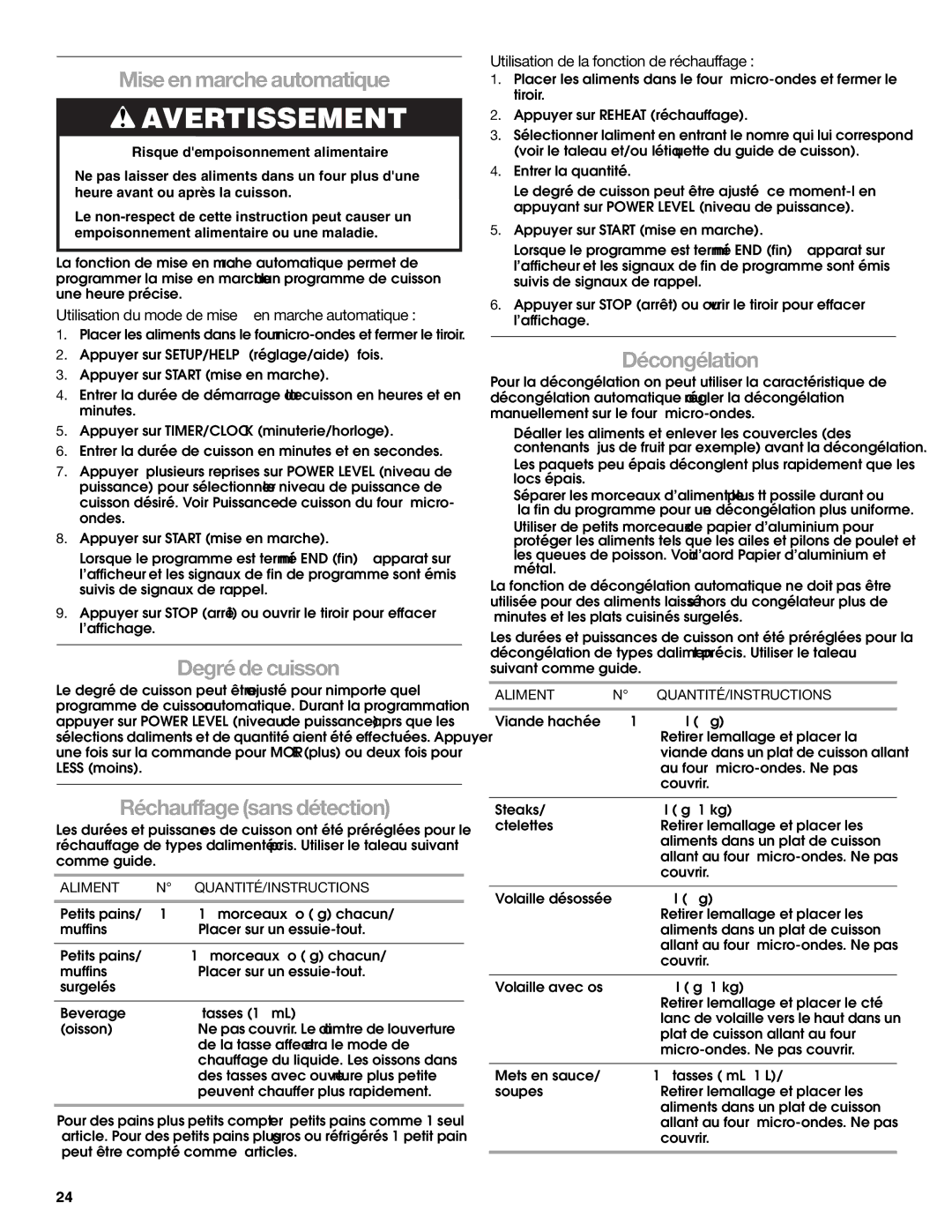 Jenn-Air JMD2124 manual Mise en marche automatique, Degré de cuisson, Réchauffage sans détection, Décongélation 