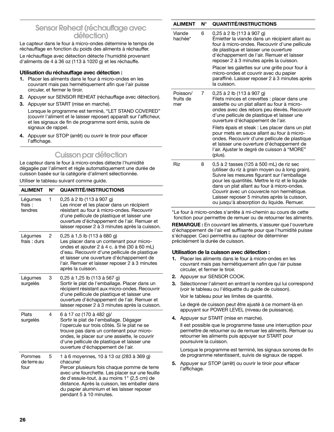 Jenn-Air JMD2124 manual Sensor Reheat réchauffage avec Détection, Utilisation du réchauffage avec détection 