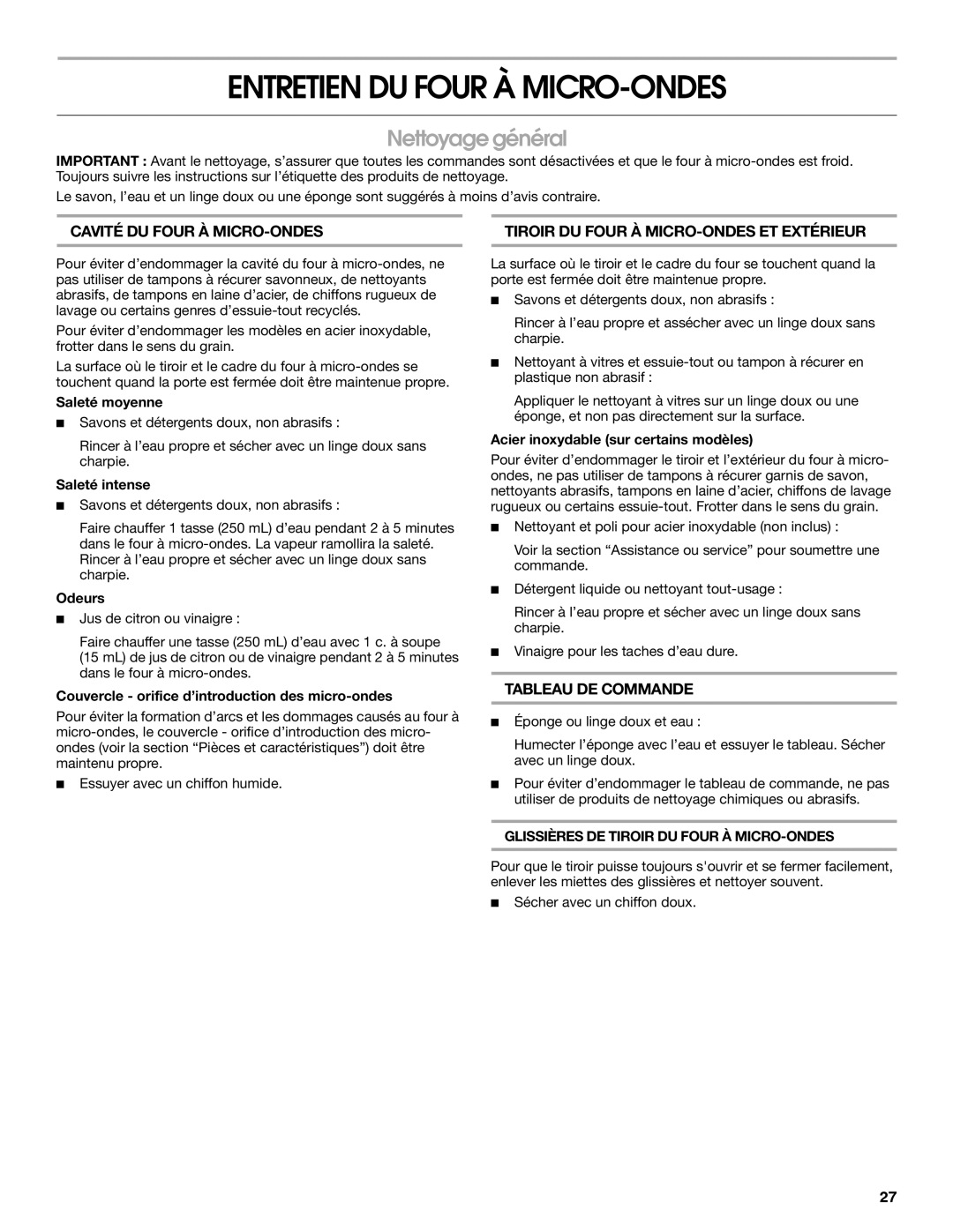 Jenn-Air JMD2124 manual Entretien DU Four À MICRO-ONDES, Nettoyage général, Glissières DE Tiroir DU Four À MICRO-ONDES 