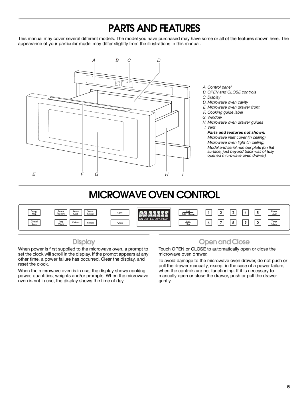 Jenn-Air JMD2124 manual Parts and Features, Microwave Oven Control, Display 