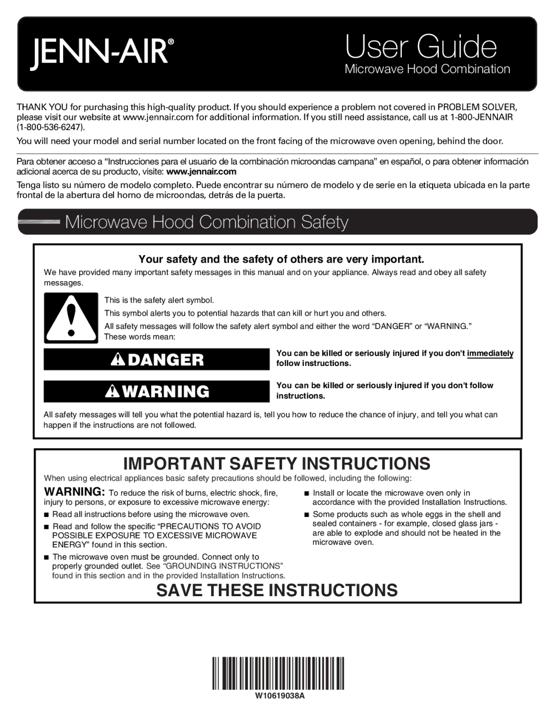 Jenn-Air JMV8000ADW important safety instructions Microwave Hood Combination Safety, Important Safety Instructions 