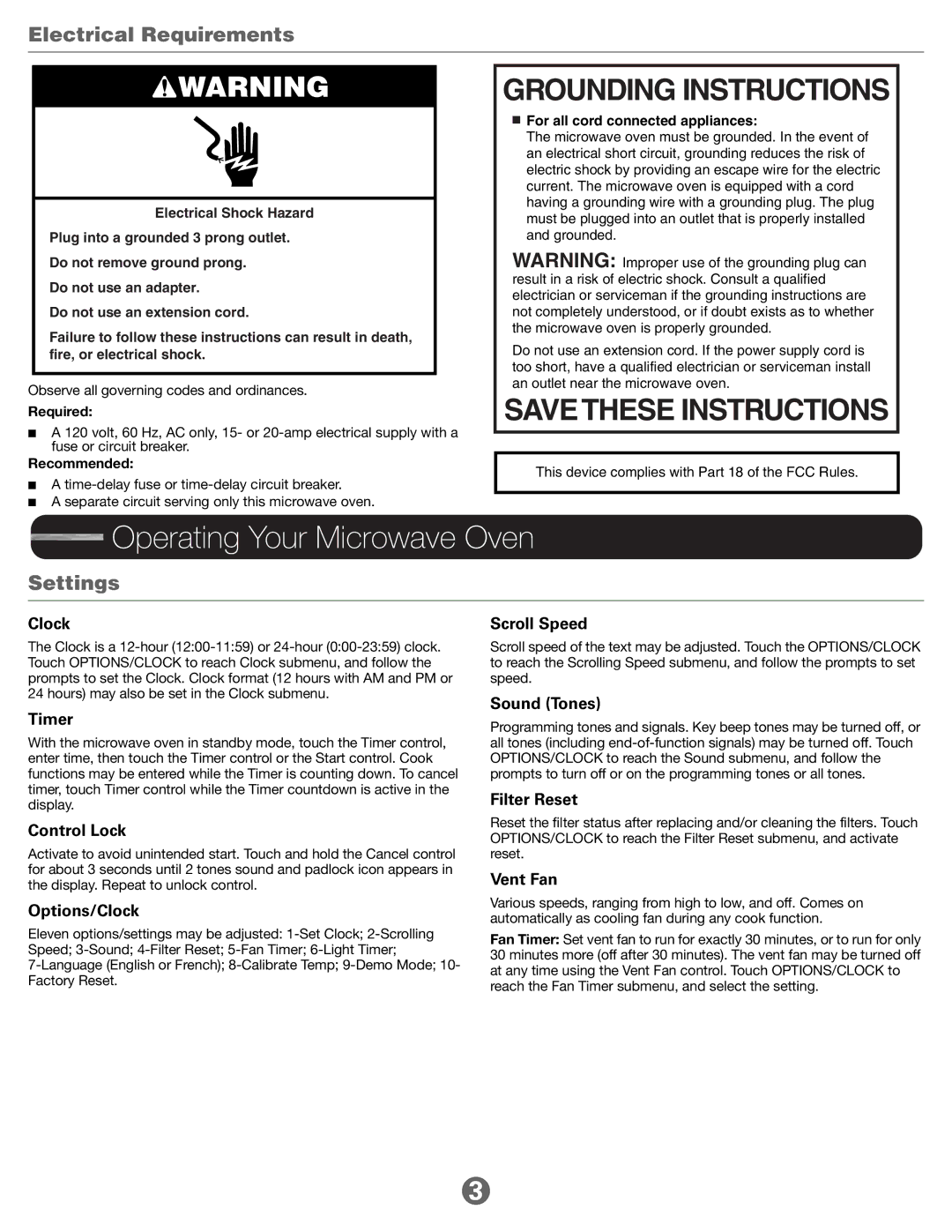 Jenn-Air JMV8000ADW Operating Your Microwave Oven, Grounding Instructions, Electrical Requirements, Settings 