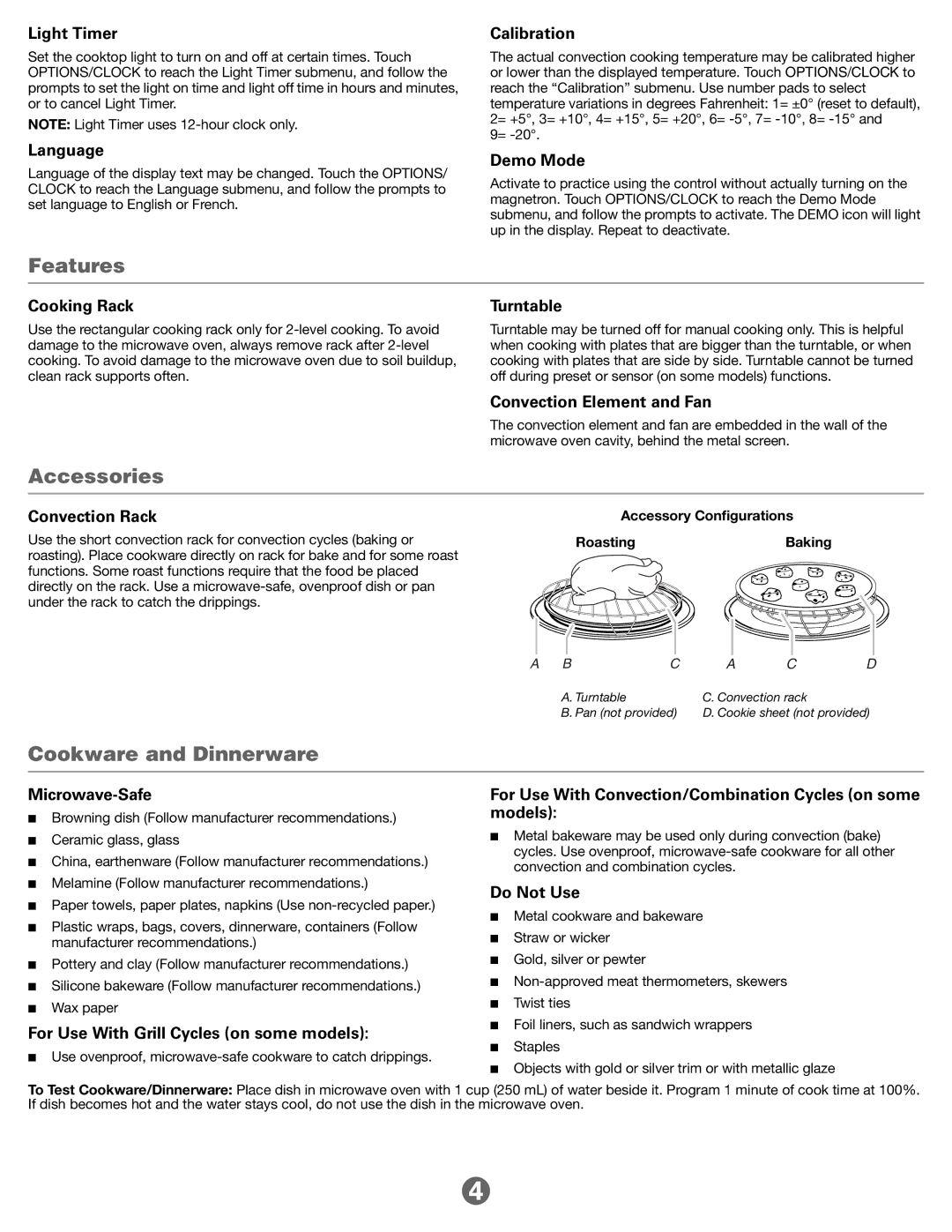 Jenn-Air JMV8000ADW important safety instructions Features, Accessories, Cookware and Dinnerware 