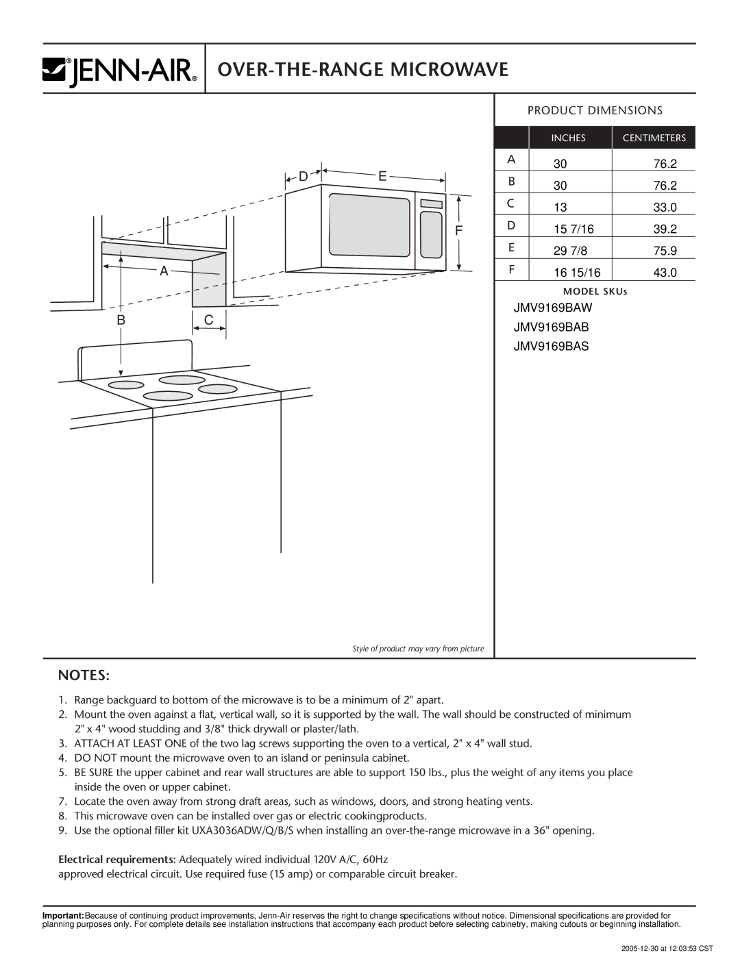 Jenn-Air specifications OVER-THE-RANGE Microwave, JMV9169BAW JMV9169BAB JMV9169BAS 