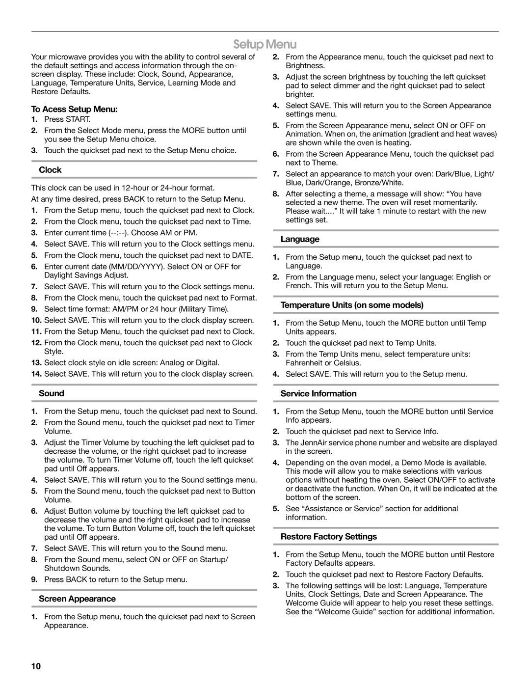 Jenn-Air JMW2430, JMW2327, JMW2427, JMW2330, JMC2130, JMC2127, JMC2430 manual Setup Menu 