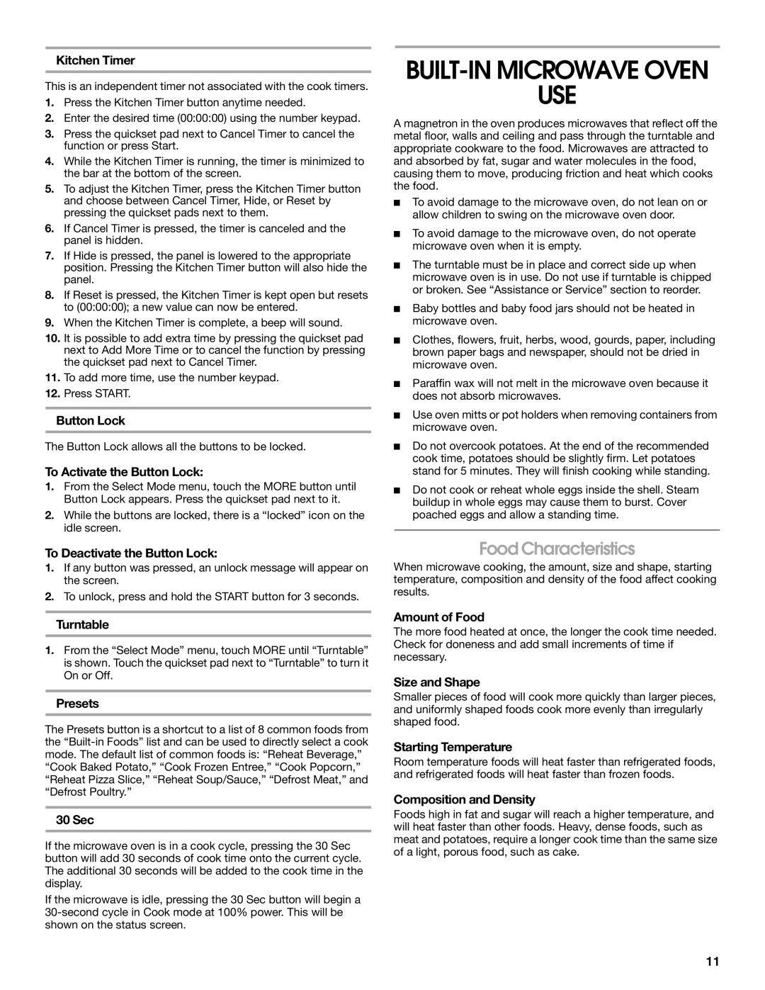 Jenn-Air JMC2130, JMW2327, JMW2427, JMW2330, JMW2430, JMC2127, JMC2430 manual BUILT-IN Microwave Oven USE, Food Characteristics 