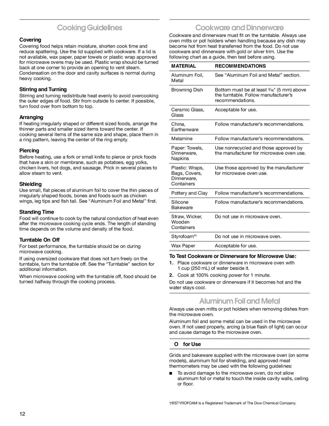 Jenn-Air JMC2127, JMW2327, JMW2427, JMW2330, JMW2430 Cooking Guidelines, Cookware and Dinnerware, Aluminum Foil and Metal 