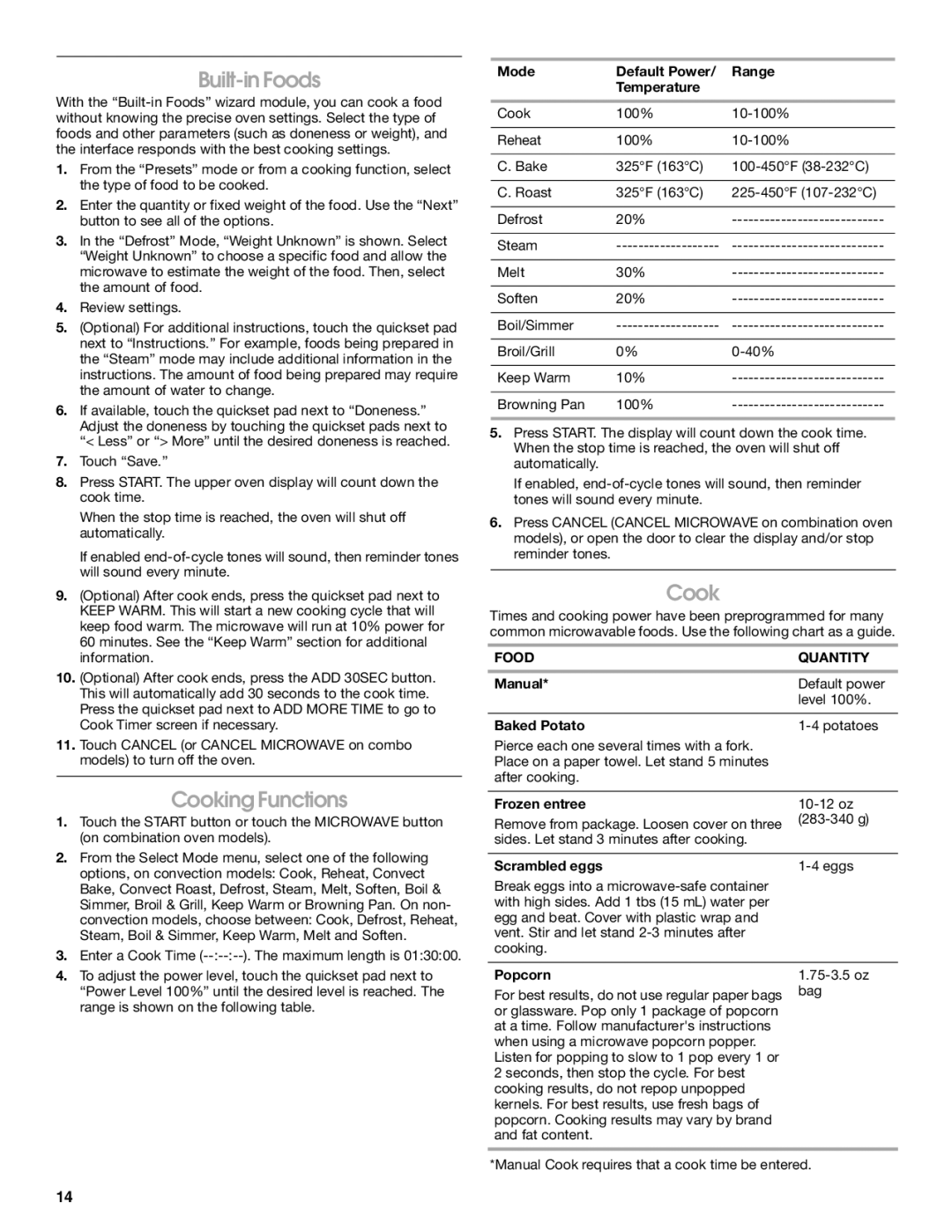 Jenn-Air JMW2327, JMW2427, JMW2330, JMW2430, JMC2130, JMC2127, JMC2430 manual Built-in Foods, Cooking Functions, Food Quantity 