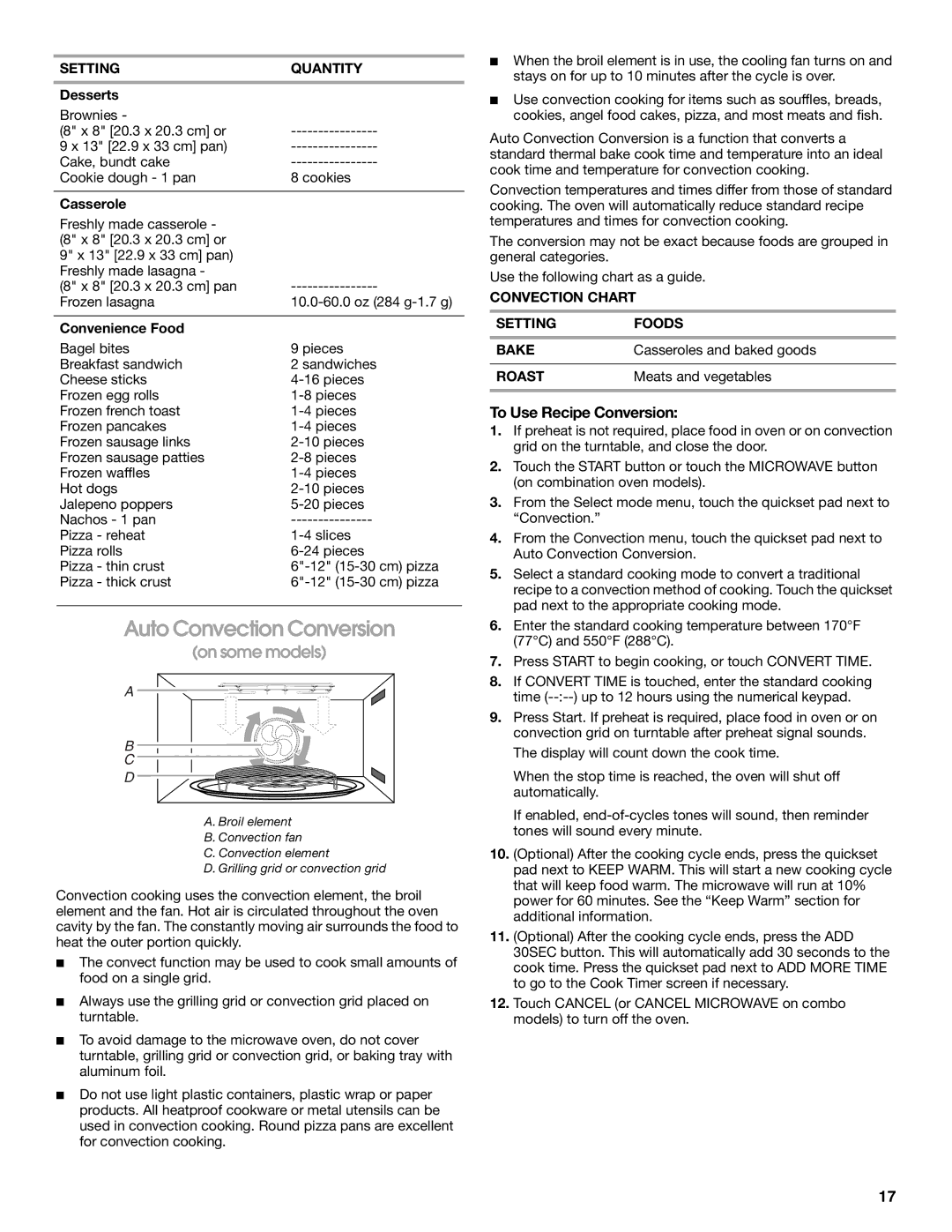 Jenn-Air JMW2430, JMW2327 Auto Convection Conversion, To Use Recipe Conversion, Convection Chart Setting Foods Bake, Roast 