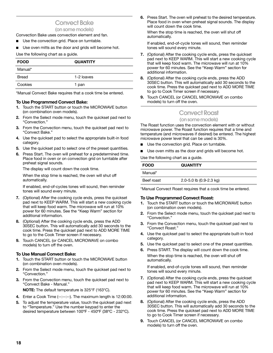 Jenn-Air JMC2130, JMW2327, JMW2427, JMW2330 Convect Roast, To Use Programmed Convect Bake, To Use Manual Convect Bake 