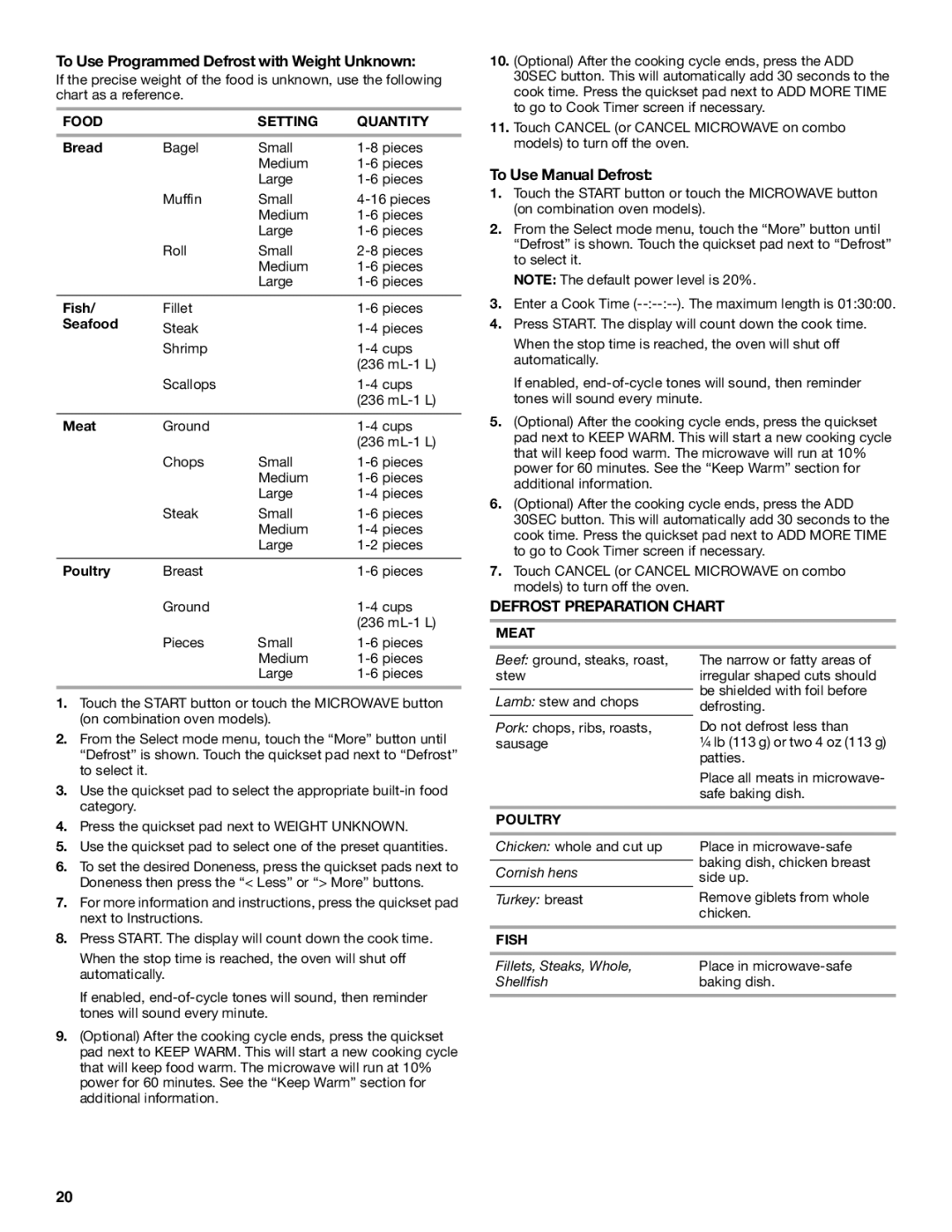 Jenn-Air JMC2430 manual To Use Programmed Defrost with Weight Unknown, To Use Manual Defrost, Food Setting Quantity, Meat 