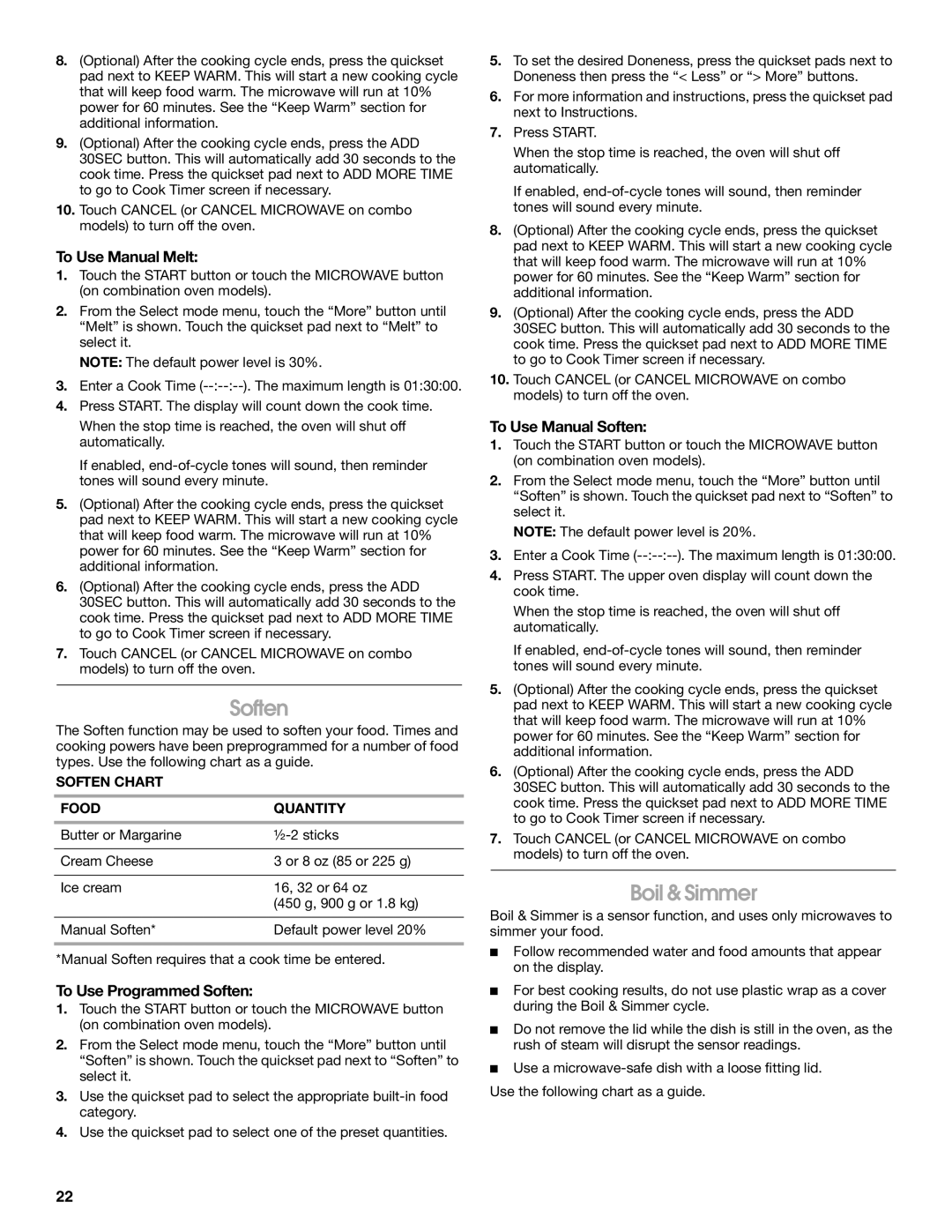 Jenn-Air JMW2427, JMW2327, JMW2330 Boil & Simmer, To Use Manual Melt, To Use Programmed Soften, To Use Manual Soften 