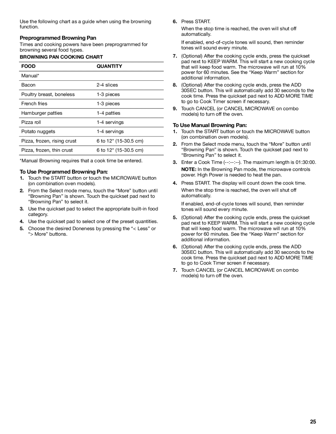 Jenn-Air JMC2130, JMW2327, JMW2427 Preprogrammed Browning Pan, To Use Programmed Browning Pan, To Use Manual Browning Pan 