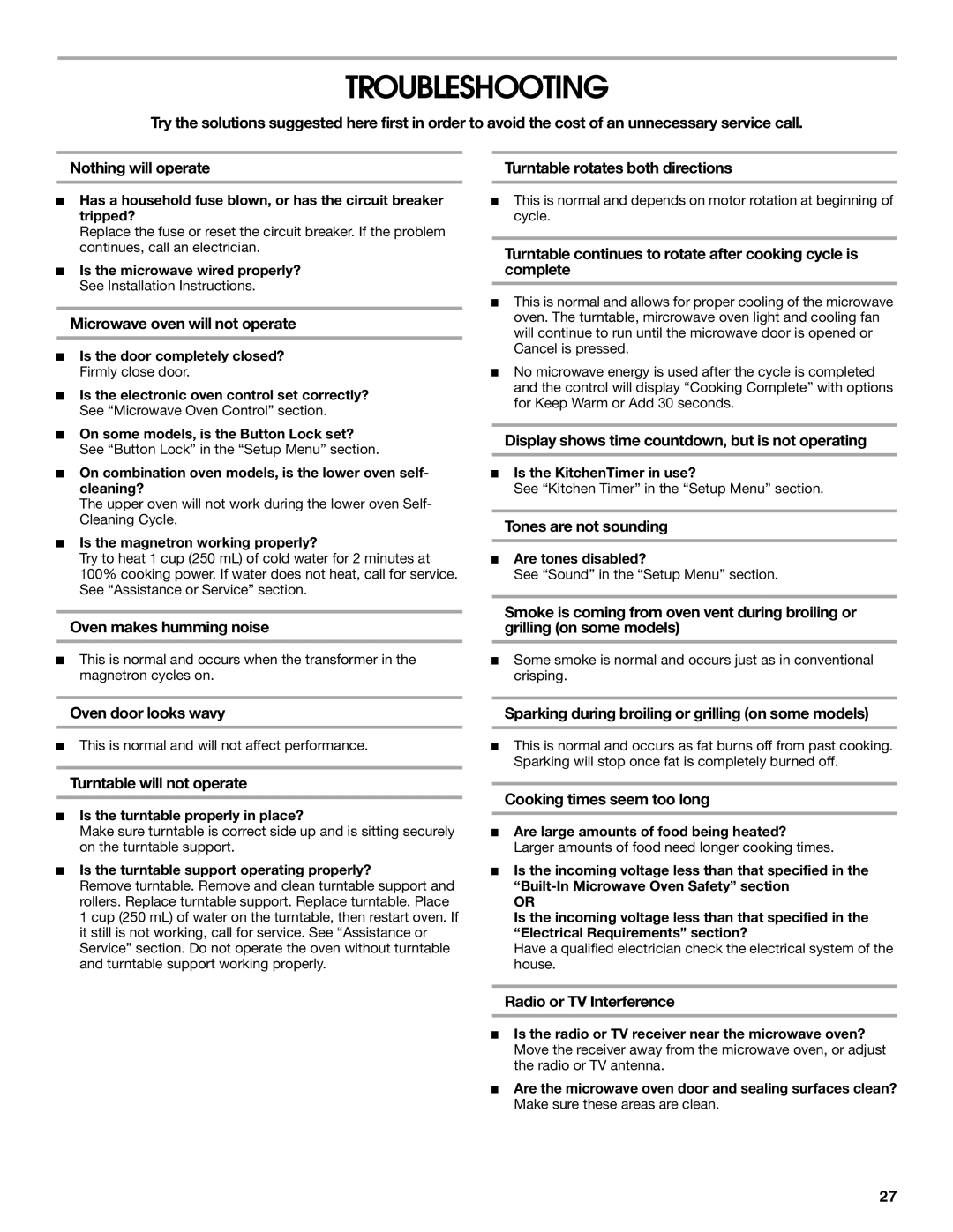 Jenn-Air JMC2430, JMW2327, JMW2427, JMW2330, JMW2430, JMC2130, JMC2127 manual Troubleshooting 