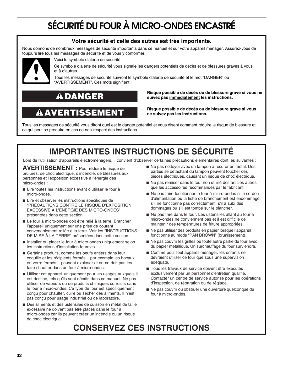 Jenn-Air JMC2130, JMW2327 Sécurité DU Four À MICRO-ONDES Encastré, Votre sécurité et celle des autres est très importante 