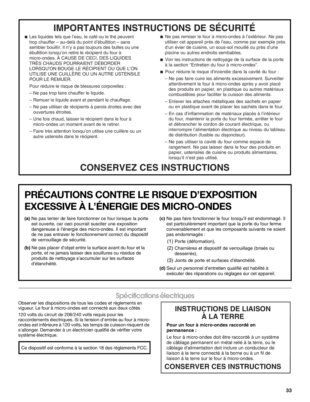 Jenn-Air JMC2127, JMW2327, JMW2427, JMW2330, JMW2430, JMC2130 Spécifications électriques, Instructions DE Liaison LA Terre 