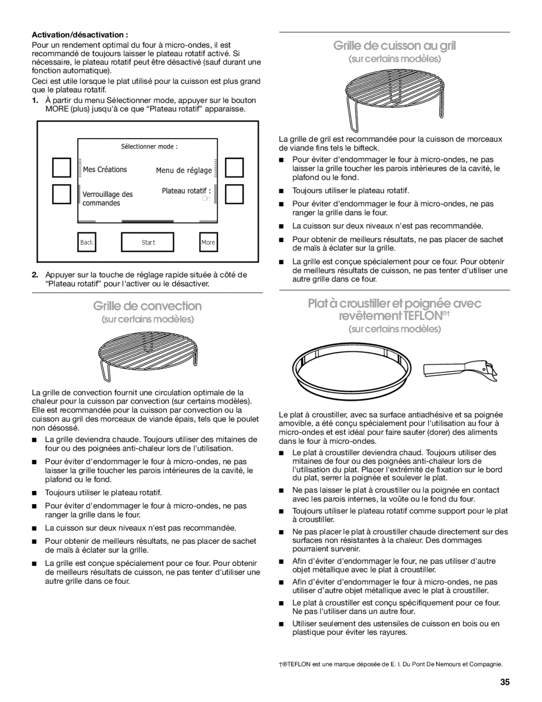 Jenn-Air JMW2327, JMW2427, JMW2330, JMW2430, JMC2130, JMC2127, JMC2430 manual Grille de cuisson au gril, Activation/désactivation 