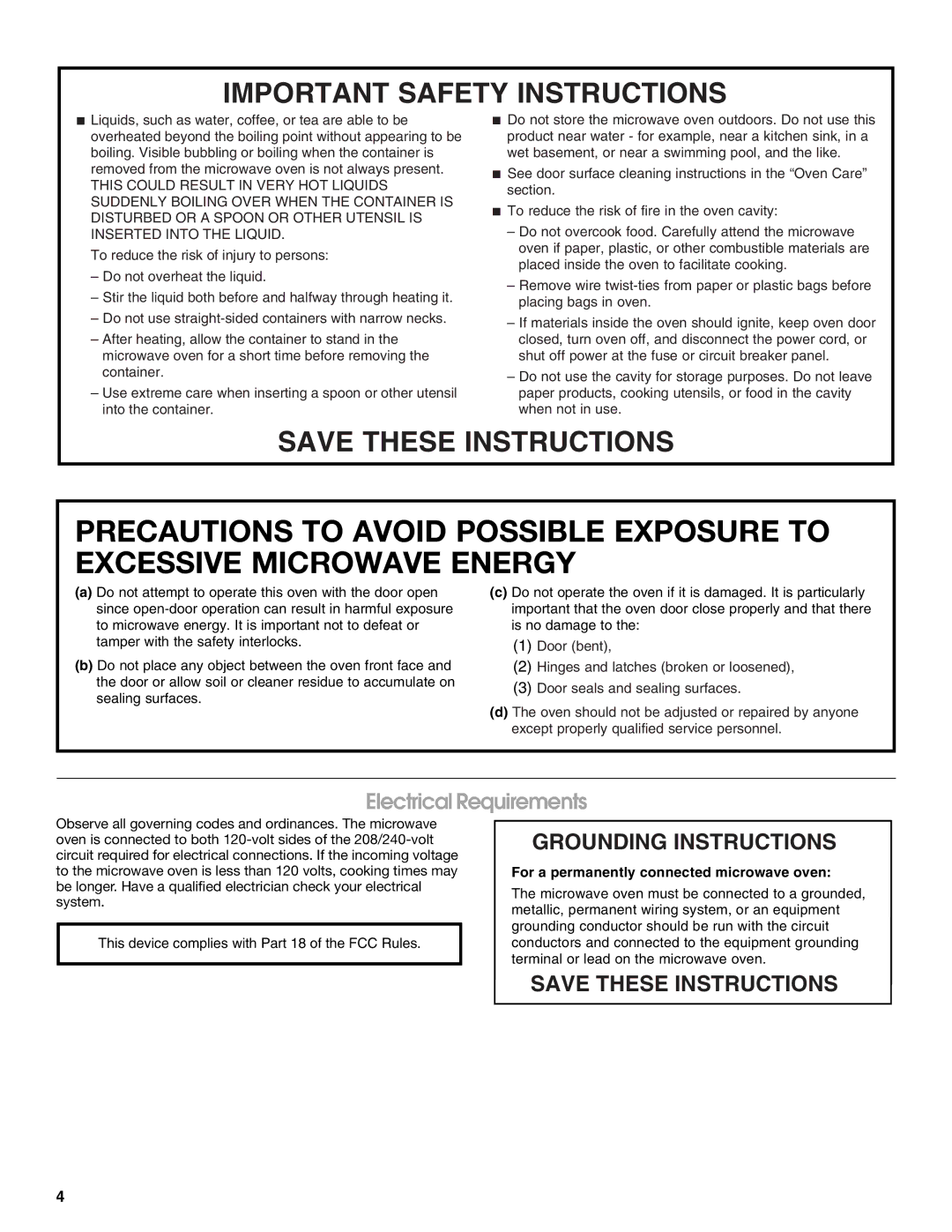 Jenn-Air JMC2130, JMW2327, JMW2427, JMW2330, JMW2430, JMC2127, JMC2430 manual Electrical Requirements, Grounding Instructions 