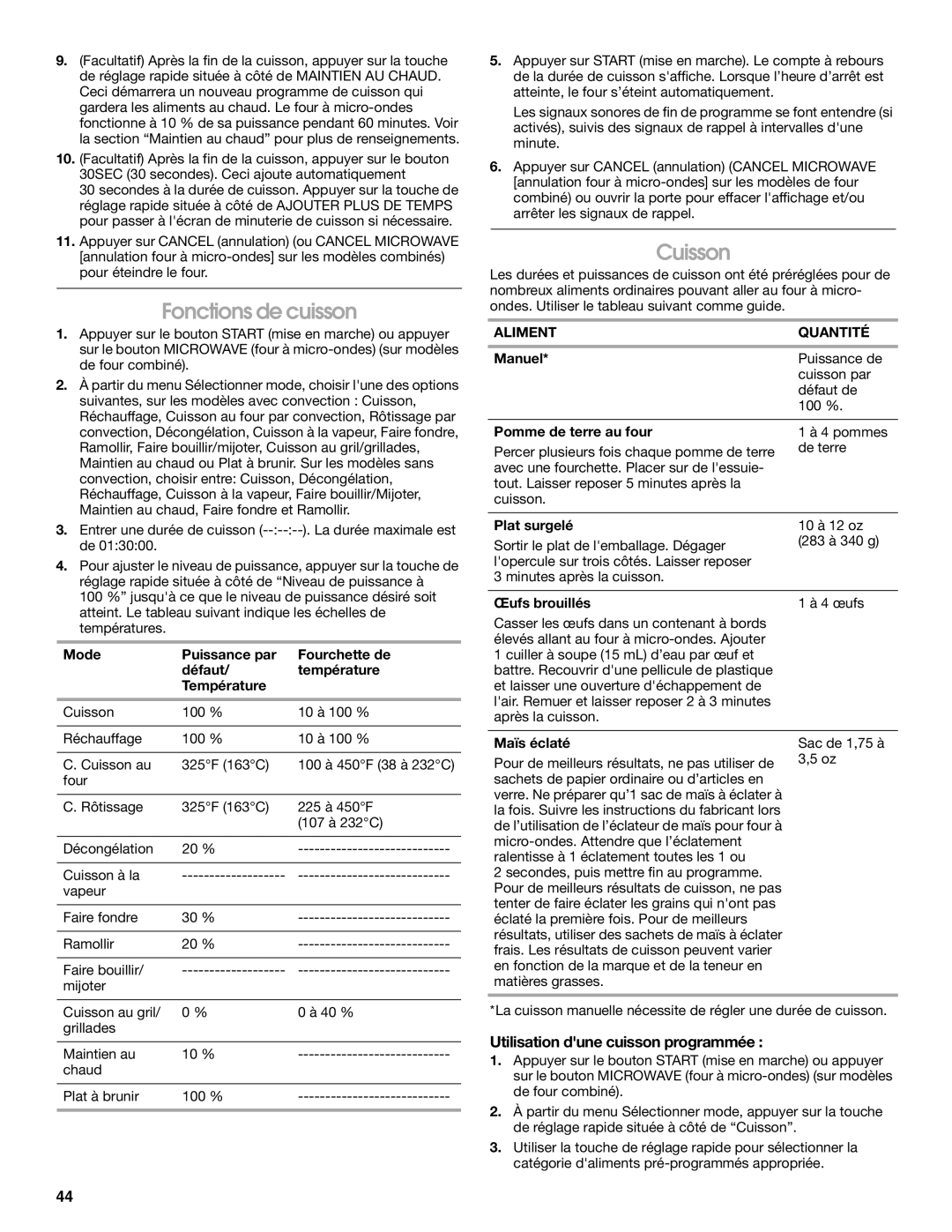 Jenn-Air JMW2330, JMW2327, JMW2427 Fonctions de cuisson, Cuisson, Utilisation dune cuisson programmée, Aliment Quantité 
