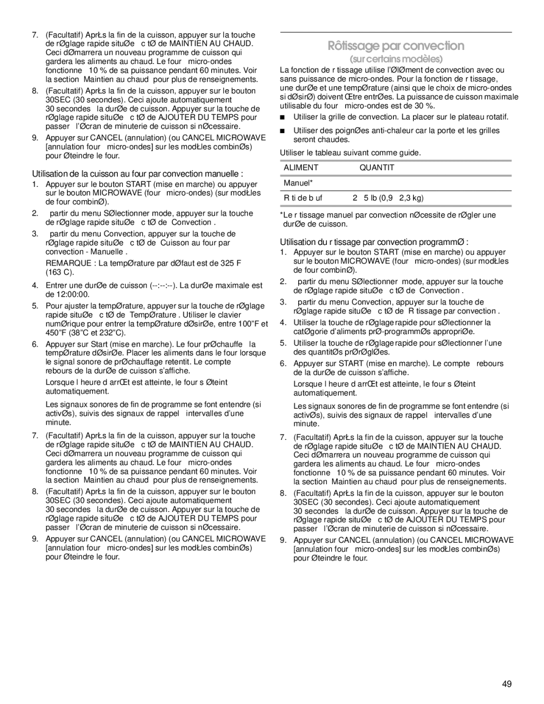 Jenn-Air JMW2327 Rôtissage par convection, Utilisation de la cuisson au four par convection manuelle, Alimentquantité 